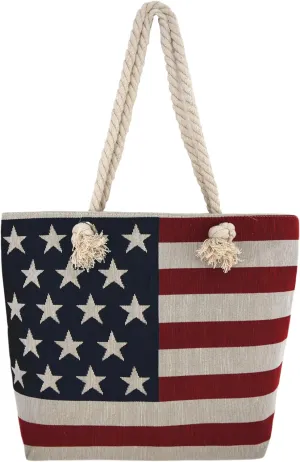 WESTERN ORIGIN American Flag Embroidered Tote Bag Stars and Stripes Beach Bag Rope Handles Shoulder Bag Women Purse