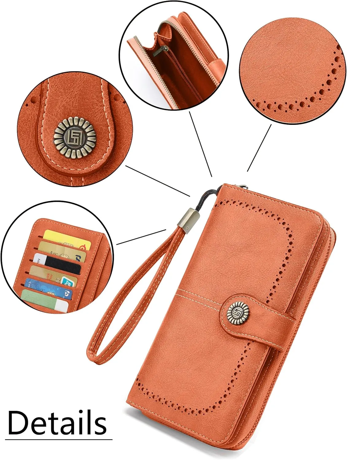 Womens Wallet Leather Large Capacity Card Holder Zipper Wristlet Wallets for Women-orange