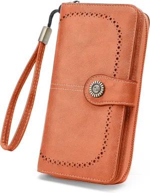 Womens Wallet Leather Large Capacity Card Holder Zipper Wristlet Wallets for Women-orange