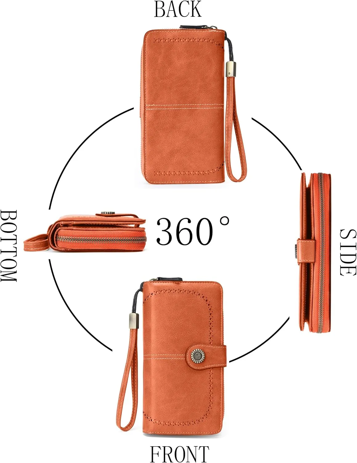 Womens Wallet Leather Large Capacity Card Holder Zipper Wristlet Wallets for Women-orange