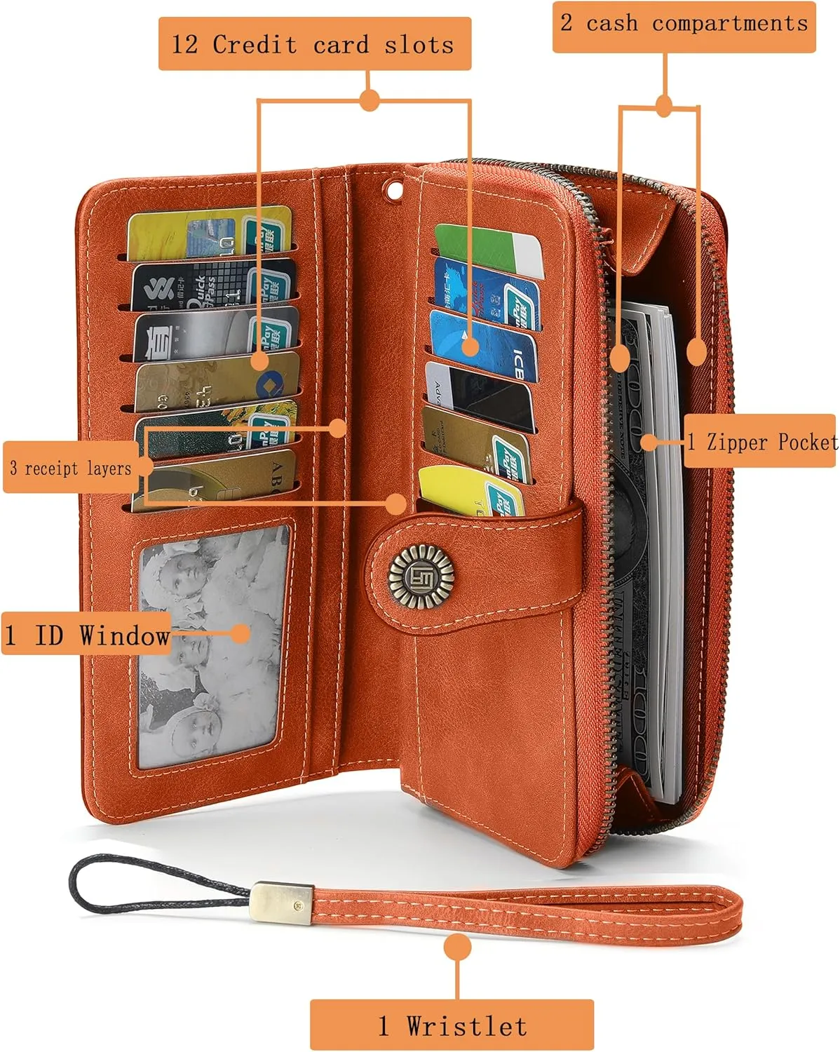 Womens Wallet Leather Large Capacity Card Holder Zipper Wristlet Wallets for Women-orange