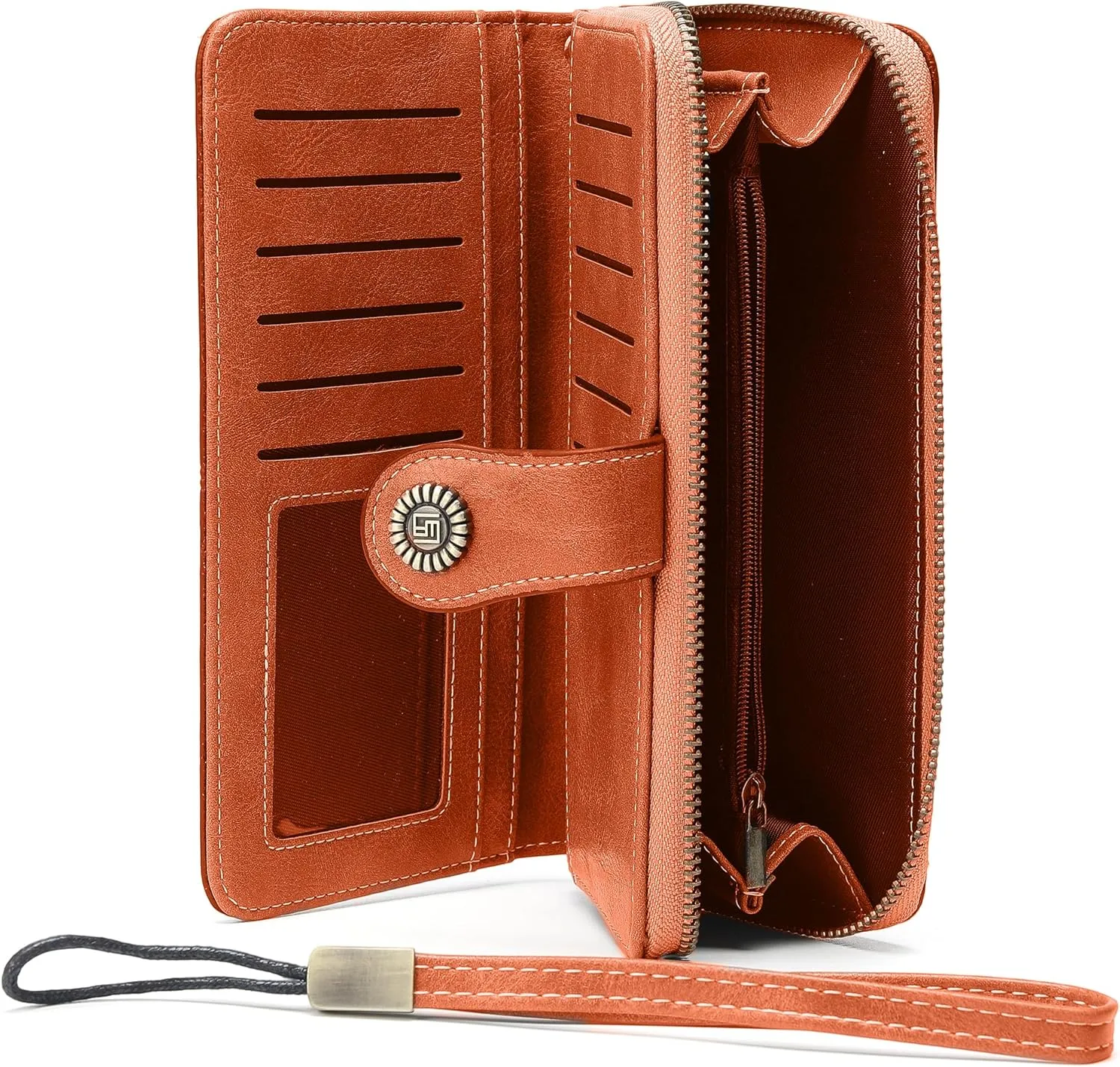 Womens Wallet Leather Large Capacity Card Holder Zipper Wristlet Wallets for Women-orange