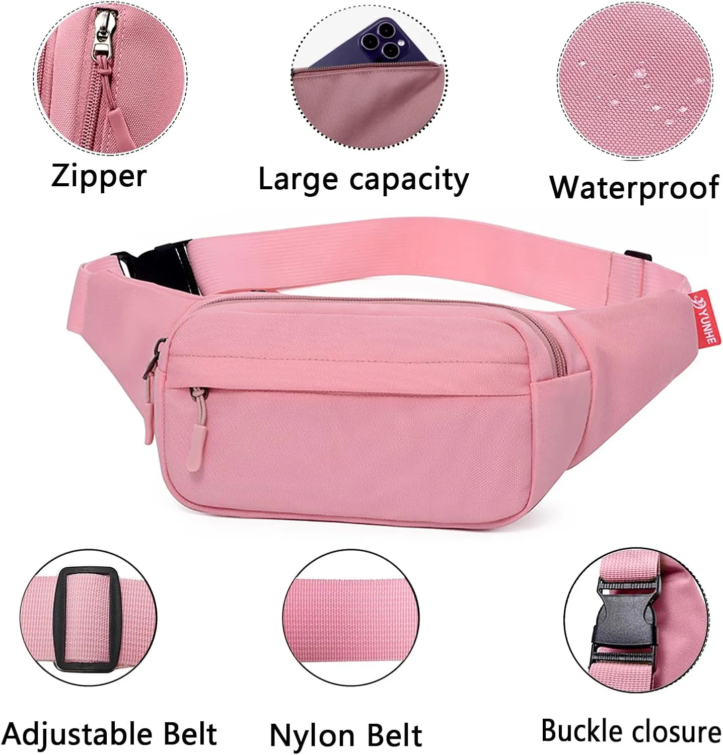 ZMD Fanny Pack for Men & Women, Crossbody Bag Hiking Waist Pack Phone Bag Fits All Phones with 3-Zipper Pockets, Hip Bum Bag for Casual Workout Outdoors Running Walking Traveling (Pink)